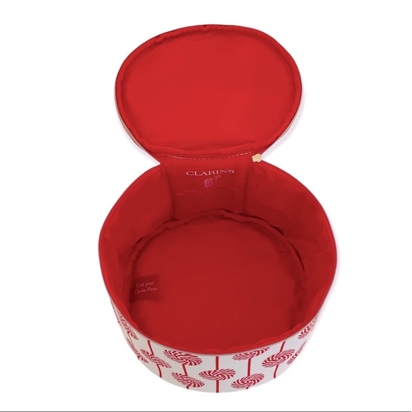 NEW Clarins Cosmetic Case — Round w/ Striped Candy Design & Red Interior NWOT - Picture 5 of 8